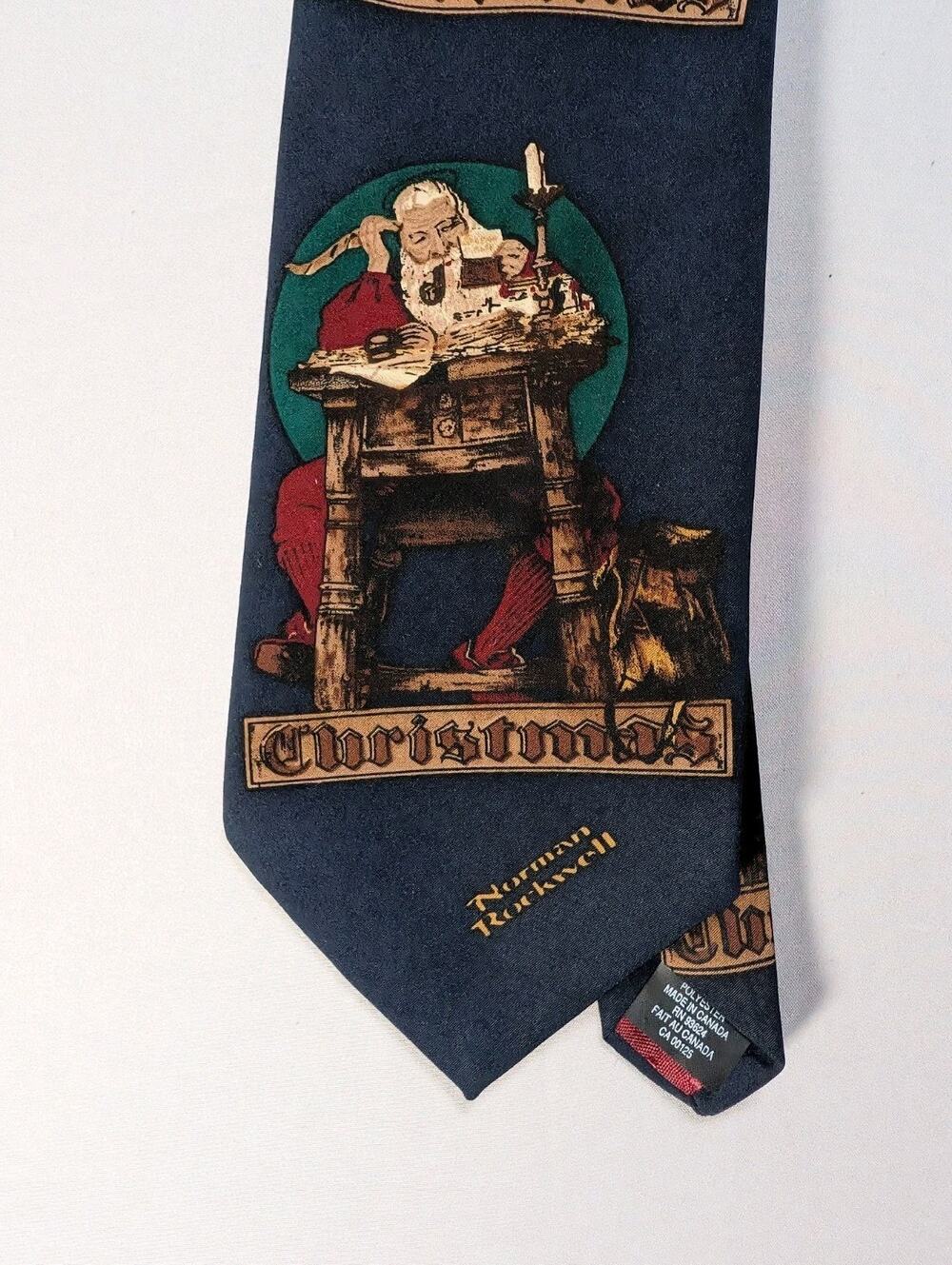 VTG Norman Rockwell Christmas Necktie Santa Blue Holiday Mens Novelty Tie
